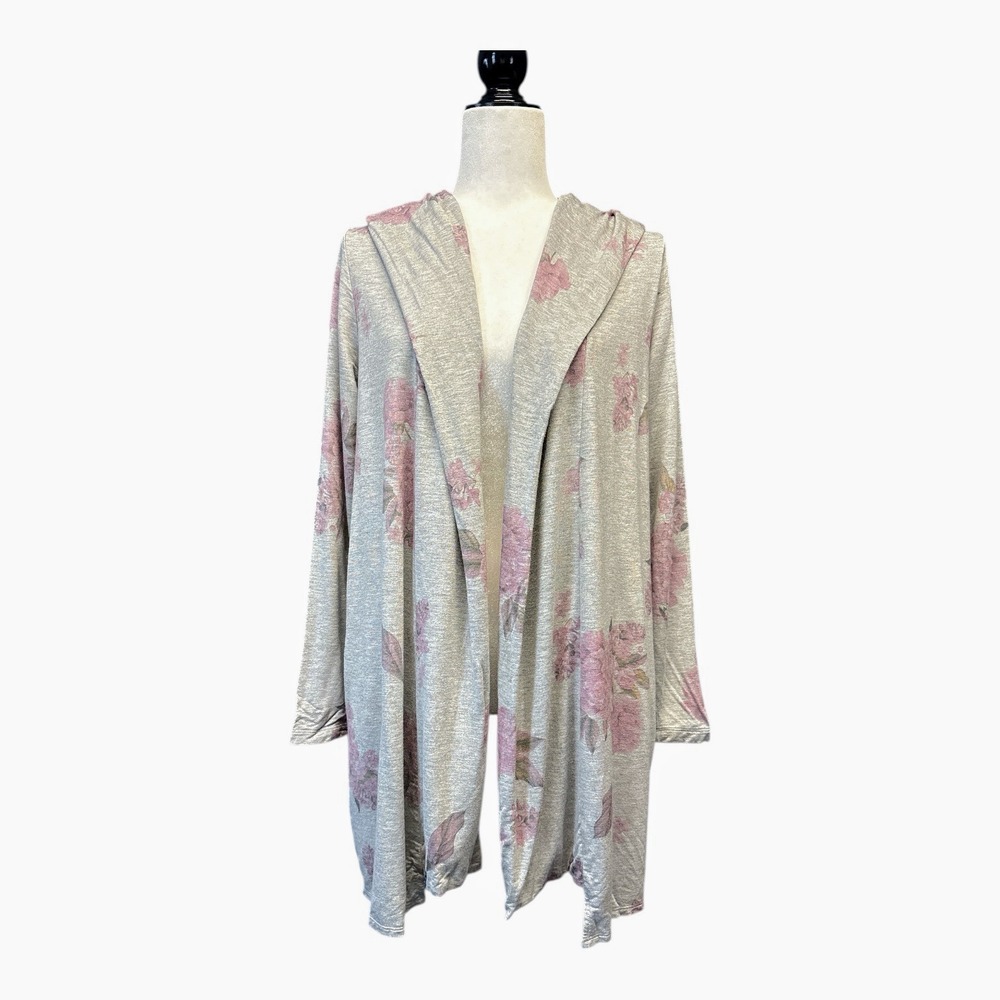 Tribal Jeans‎ Floral Hooded Open Front Drape Cardigan Pink Gray Women's Small